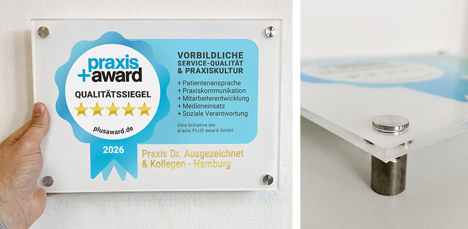 9. Das "Praxis+Award Qualitätssiegel" als Türschild auf einer Plexiglasplatte (Acryl / Querformat)
